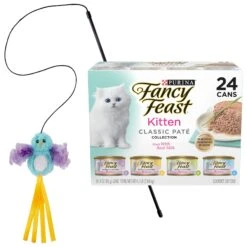 Fancy Feast Tender Feast Variety Pack Canned Kitten Food & Frisco Bird With Feathers Teaser Wand Cat Toy With Catnip