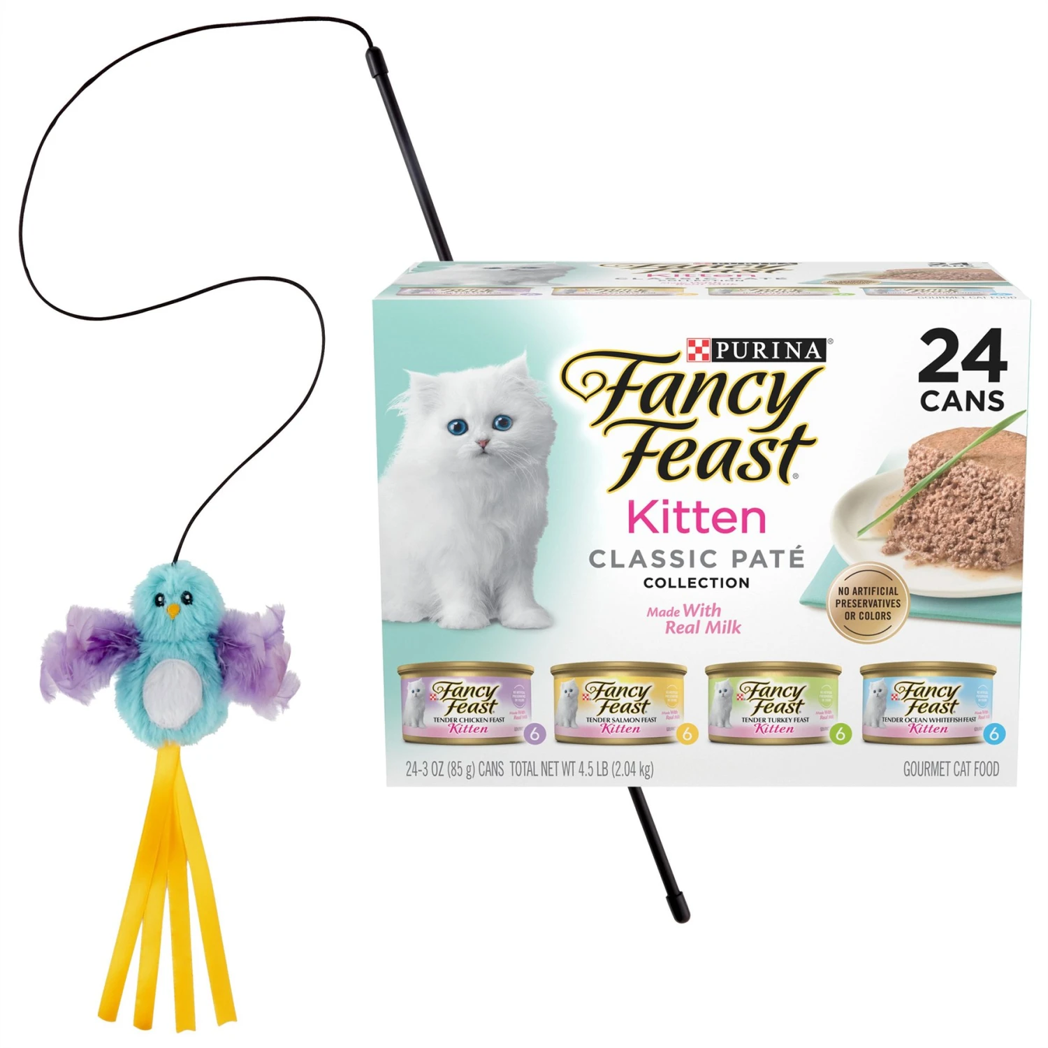 Fancy Feast Tender Feast Variety Pack Canned Kitten Food & Frisco Bird With Feathers Teaser Wand Cat Toy With Catnip