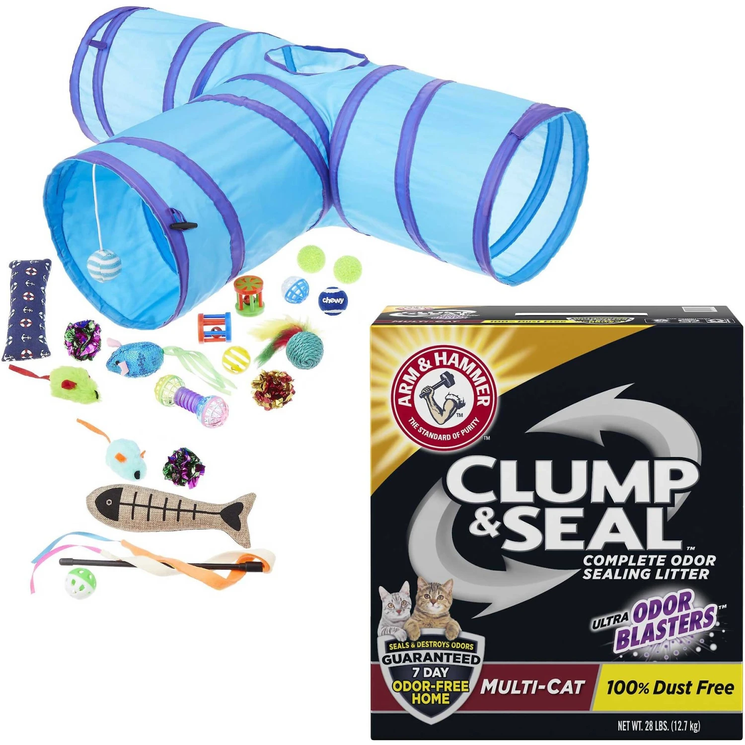 Frisco Plush, Teaser, Ball & Tri-Tunnel Variety Pack Cat Toy With Catnip, 20 Count & Arm & Hammer Litter Clump & Seal Multi-Cat Scented Clumping Clay Cat Litter