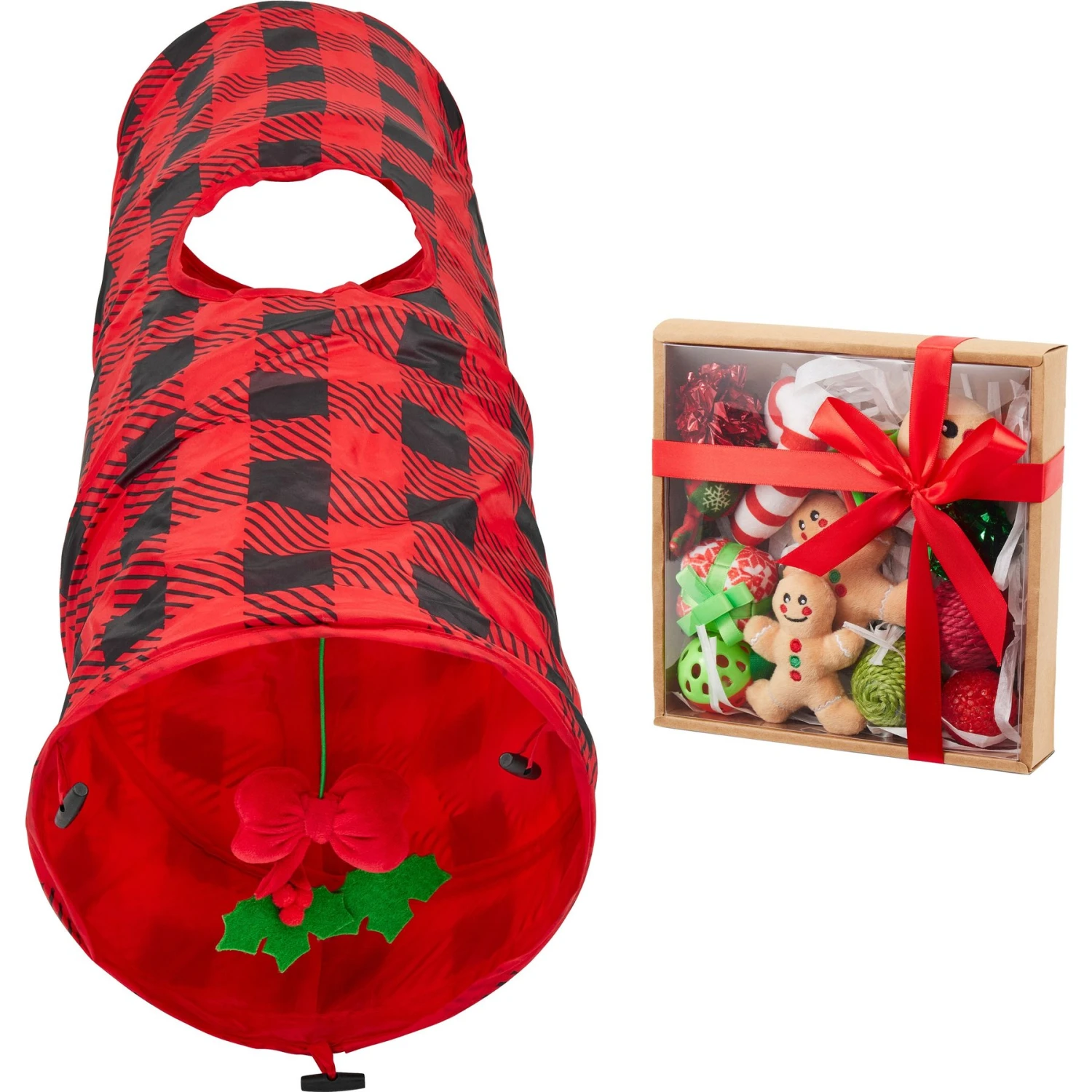 Frisco Holiday Buffalo Plaid Foldable Play Tunnel Cat Toy With Catnip & Frisco Holiday Festive Red Variety Pack Gift Box Cat Toy With Catnip, 14 Count